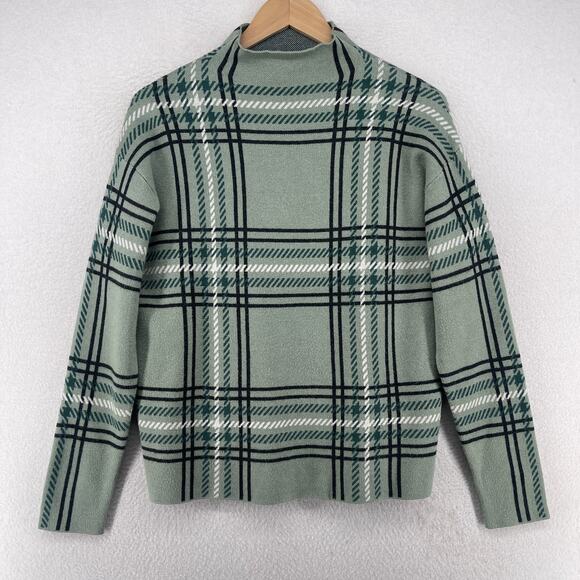 TAHARI Sweater M Plaid Mock Neck Pullover Viscose Blend Green - Picture 1 of 13